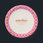 Abstract Checker Pink Orange Custom  21st Birthday Paper Plates<br><div class="desc">Abstract Checkered Art Pink Orange Custom Bridal Shower Paper Plates</div>