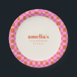 Abstract Checker Pink Orange Custom  21st Birthday Paper Plates<br><div class="desc">Abstract Checkered Art Pink Orange Custom Bridal Shower Paper Plates</div>
