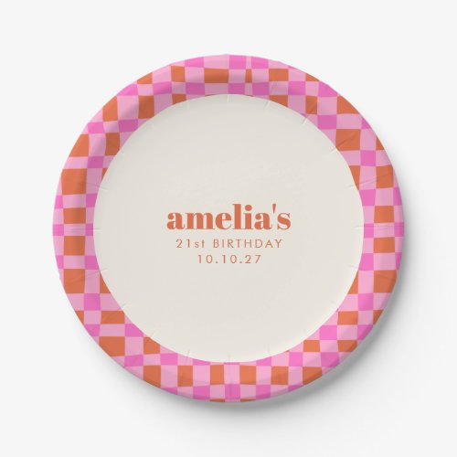 Abstract Checker Pink Orange Custom  21st Birthday Paper Plates