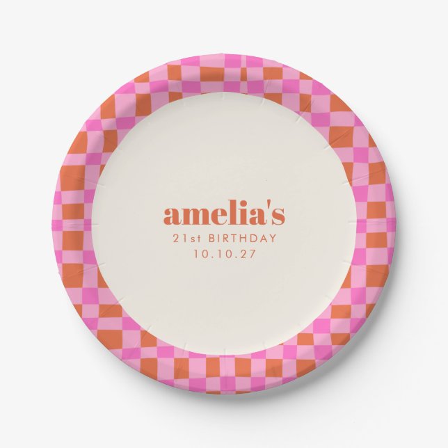 Abstract Checker Pink Orange Custom  21st Birthday Paper Plates (Front)
