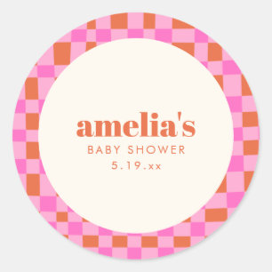 Abstract Checker Pink Orange Custom Baby Shower Classic Round Sticker