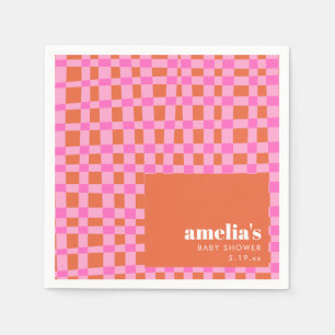 Abstract Checker Pink Orange Custom Baby Shower Napkins