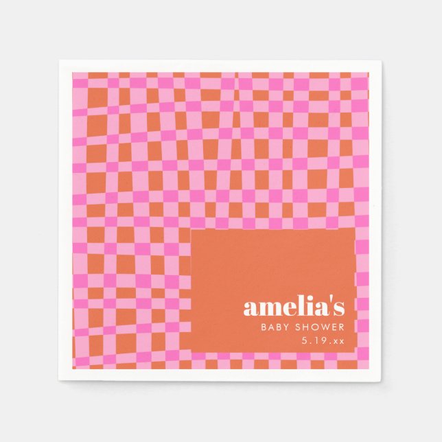 Abstract Checker Pink Orange Custom Baby Shower Napkins (Front)