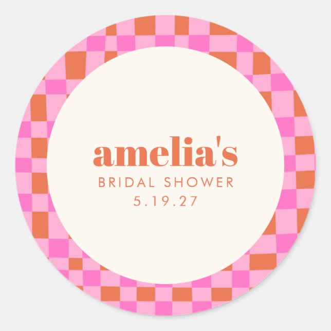 Abstract Checker Pink Orange Custom Bridal Shower Classic Round Sticker (Front)