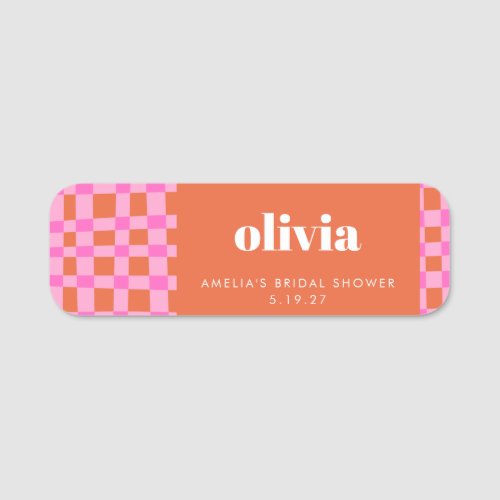 Abstract Checker Pink Orange Custom Bridal Shower Name Tag