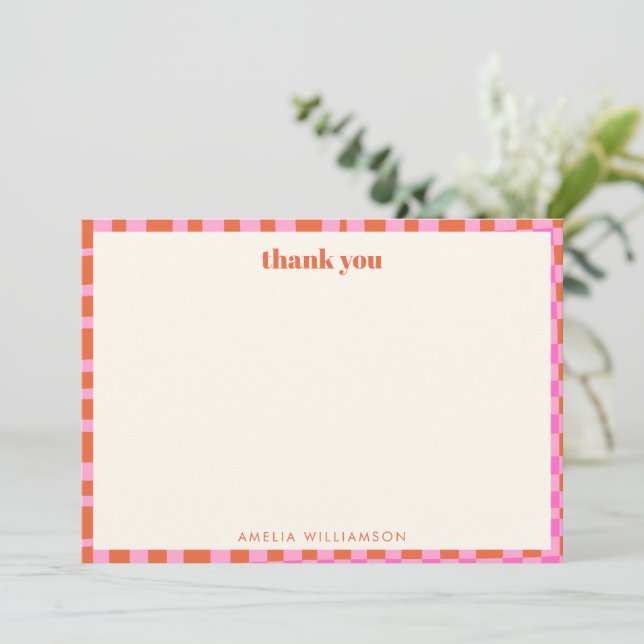Abstract Checker Pink Orange Custom Bridal Shower Thank You Card (Standing Front)