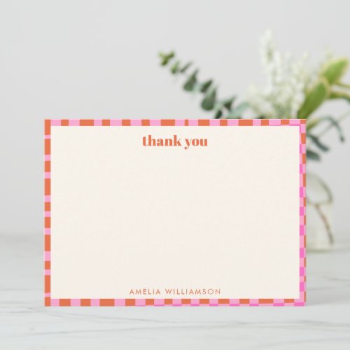 Abstract Checker Pink Orange Custom Bridal Shower Thank You Card