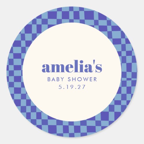 Abstract Checkerboard Blue Custom Baby Shower Classic Round Sticker