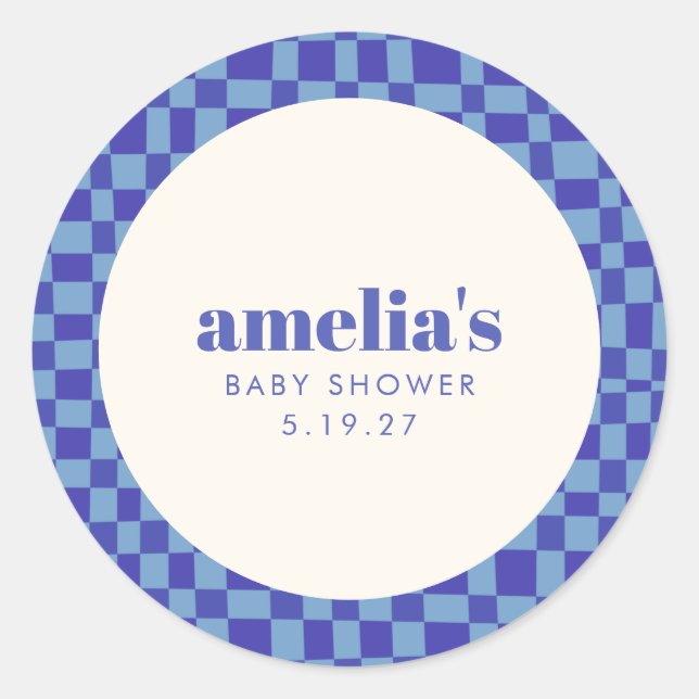 Abstract Checkerboard Blue Custom Baby Shower Classic Round Sticker (Front)