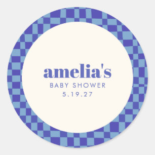 Abstract Checkerboard Blue Custom Baby Shower Classic Round Sticker