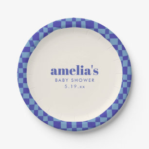 Abstract Checkerboard Blue Custom Baby Shower Paper Plates