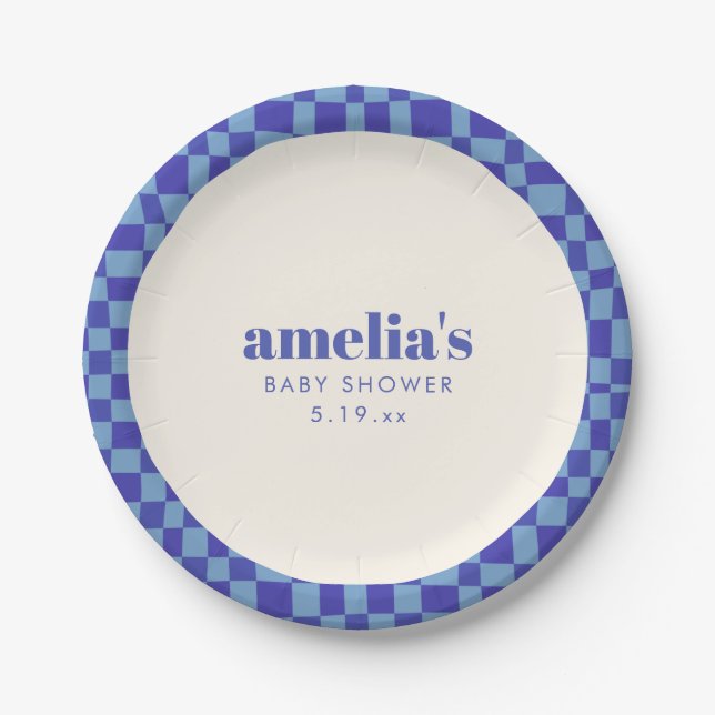 Abstract Checkerboard Blue Custom Baby Shower Paper Plates (Front)