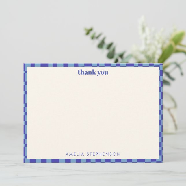 Abstract Checkerboard Blue Custom Baby Shower Thank You Card (Standing Front)