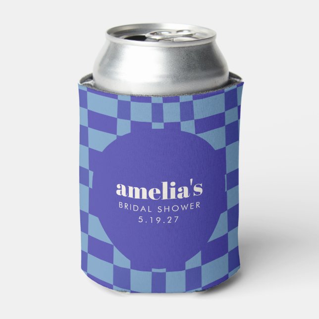 Abstract Checkerboard Blue Custom Bridal Shower Can Cooler (Can Front)