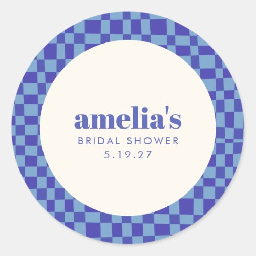 Abstract Checkerboard Blue Custom Bridal Shower Classic Round Sticker