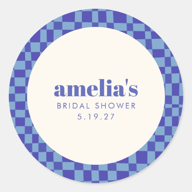Abstract Checkerboard Blue Custom Bridal Shower Classic Round Sticker (Front)