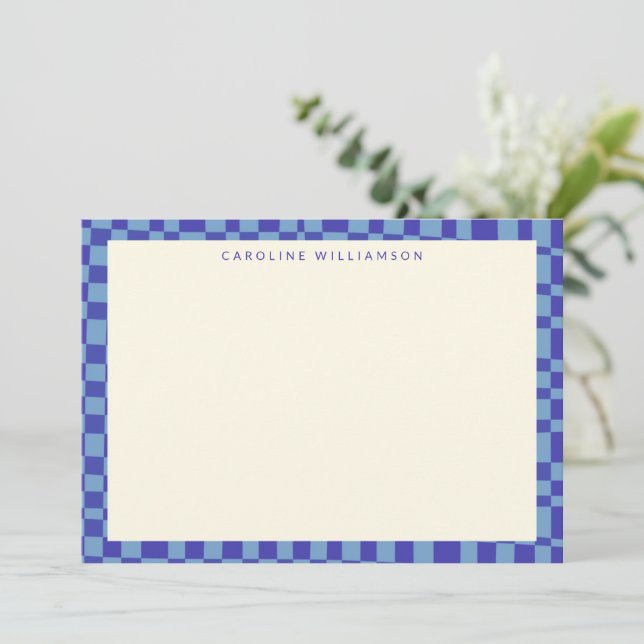 Abstract Checkerboard Blue Personalized Stationery Note Card (Standing Front)