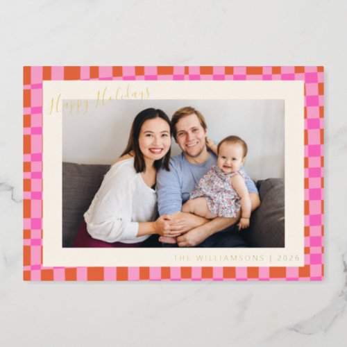 Abstract Checkerboard Pink Orange 2 Photo Gold Foil Holiday Card