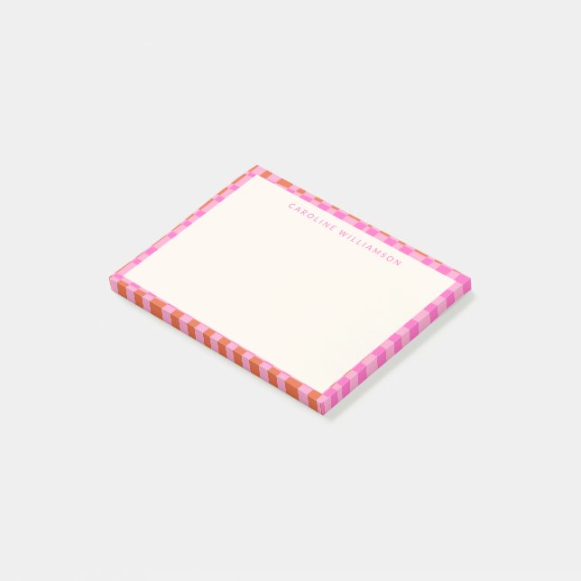 Abstract Checkerboard Pink Orange Custom Name Post-it Notes (Angled)