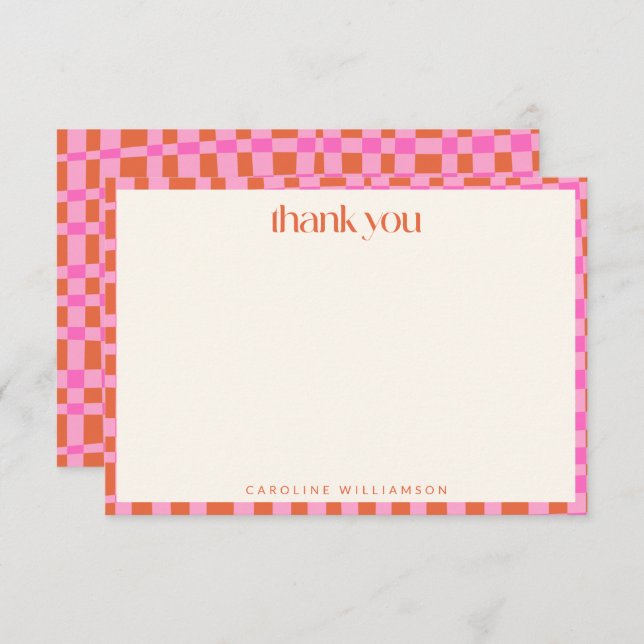 Abstract Checkerboard Pink Orange Custom Name Thank You Card (Front/Back)