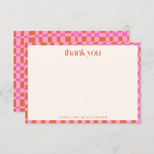 Abstract Checkerboard Pink Orange Custom Name Thank You Card