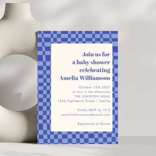Abstract Checkered Art Blue Retro Baby Shower Invitation (Creator Uploaded)