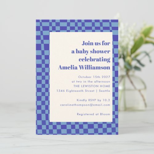 Abstract Checkered Art Blue Retro Baby Shower Invitation