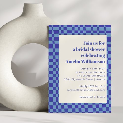 Abstract Checkered Art Blue Retro Bridal Shower Invitation