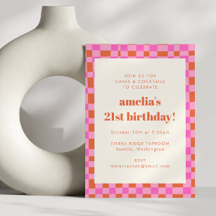 Abstract Checkered Art Pink Orange 21st Birthday Invitation