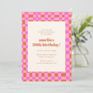 Abstract Checkered Art Pink Orange 30th Birthday Invitation