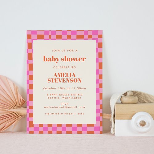 Abstract Checkered Art Pink Orange Baby Shower Invitation