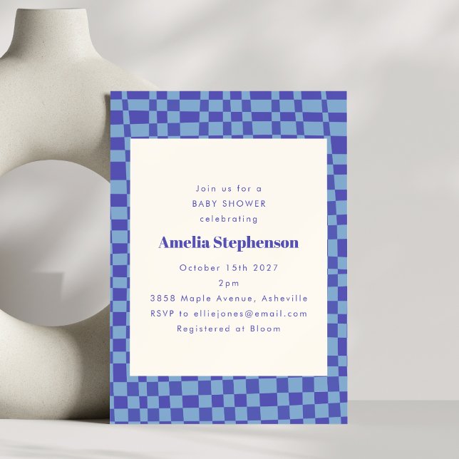 Abstract Checkered Retro Blue Baby Shower Invitation (Creator Uploaded)