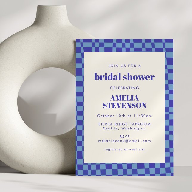 Abstract Checkered Retro Blue Bridal Shower Invitation (Creator Uploaded)