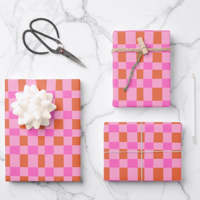 Abstract Checkered Shapes Pattern in Pink  Wrapping Paper Sheets (Front)