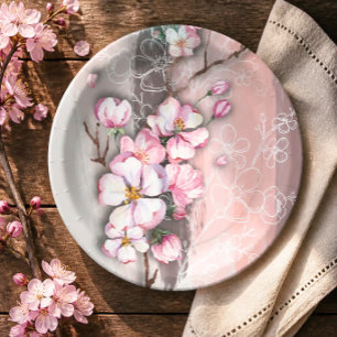 Abstract Cherry Blossoms Round Paper Plates