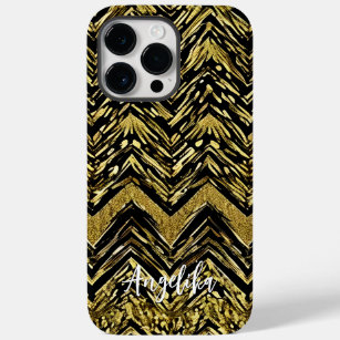 Abstract Chevron Gold and Black Personalized Name Case-Mate iPhone 14 Pro Max Case