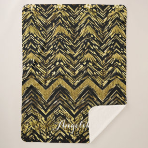 Abstract Chevron Gold and Black Personalized Name Sherpa Blanket