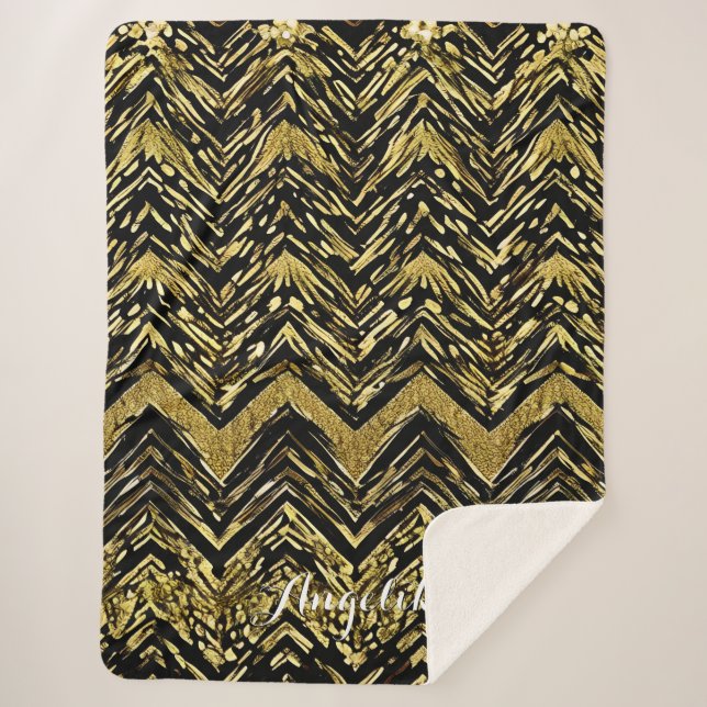 Abstract Chevron Gold and Black Personalized Name Sherpa Blanket (Front)