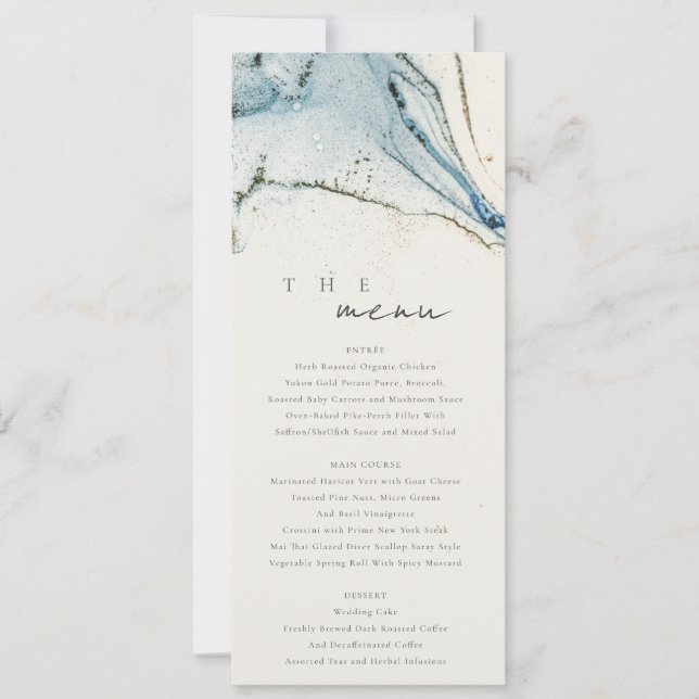 Abstract Chic Blue Gold Beachy Wedding Menu Card (Front)