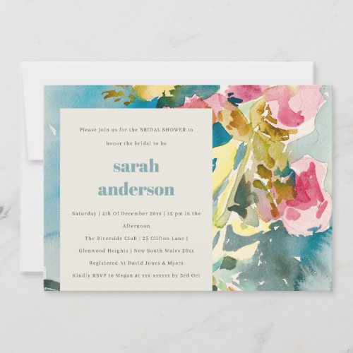 Abstract Chic Bold Pink Blue Floral Bridal Shower Invitation