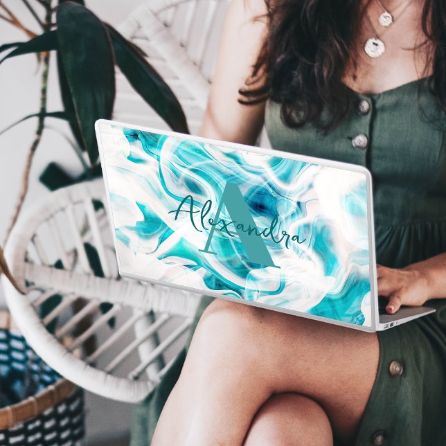 Abstract Chic Teal White Liquid Paint Script Name HP Laptop Skin (Creator Uploaded)