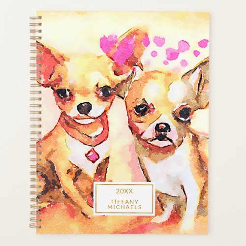 Abstract Chihuahua Dogs Pink Hearts Watercolor Planner