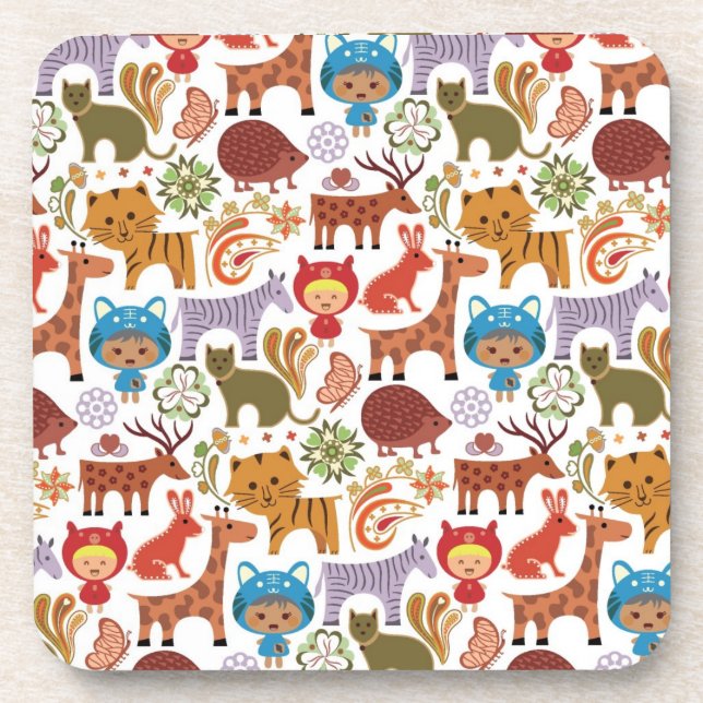 Abstract Child and Animals Pattern Drink Coaster (Front)