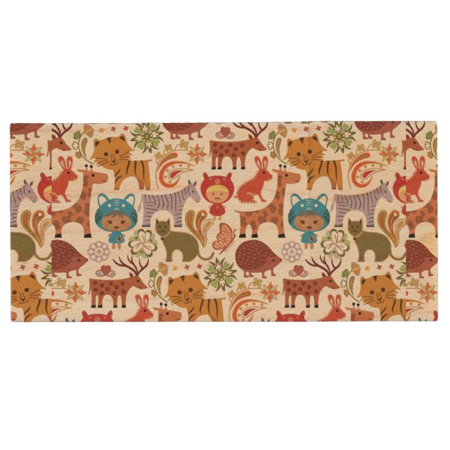 Abstract Child and Animals Pattern Wood USB Flash Drive (Front)