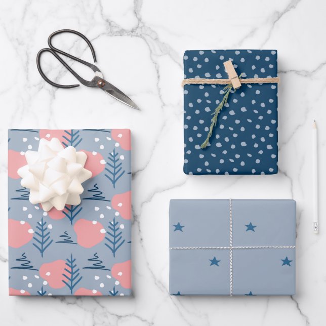 Abstract Christmas Blue Pink Stars Snowflakes Pine Wrapping Paper Sheets (Front)