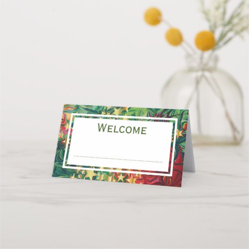 Abstract CHRISTMAS STARS Red Green Gold CUSTOM Place Card