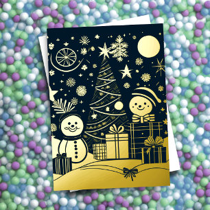 Abstract Christmas Theme Snowmen Gold Foil Holiday Card