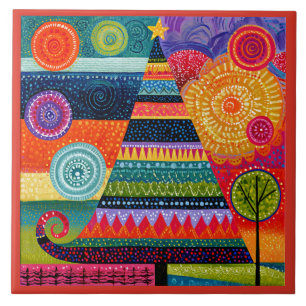 Abstract Christmas Tree, Colorful Folk Art, Ceramic Tile