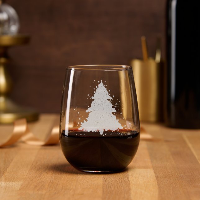 Abstract Christmas Tree | Elegant Paint Splatter Stemless Wine Glass (Party)