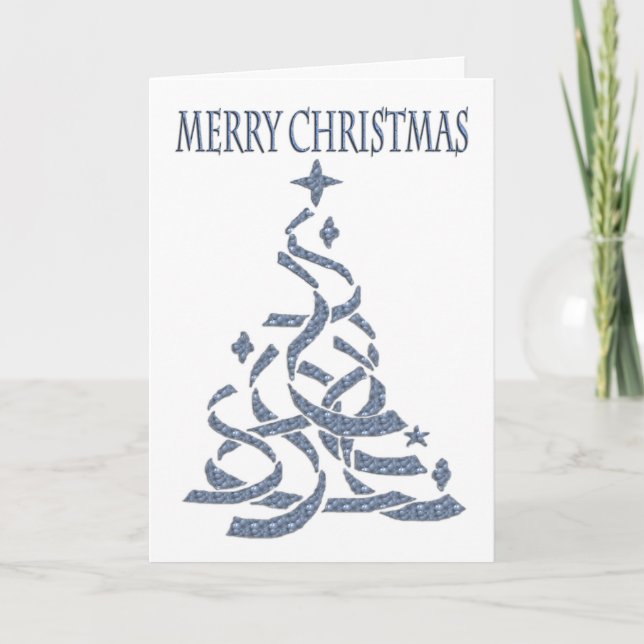 Abstract Christmas Tree in blue with seasonal gree Holiday Card (Front)
